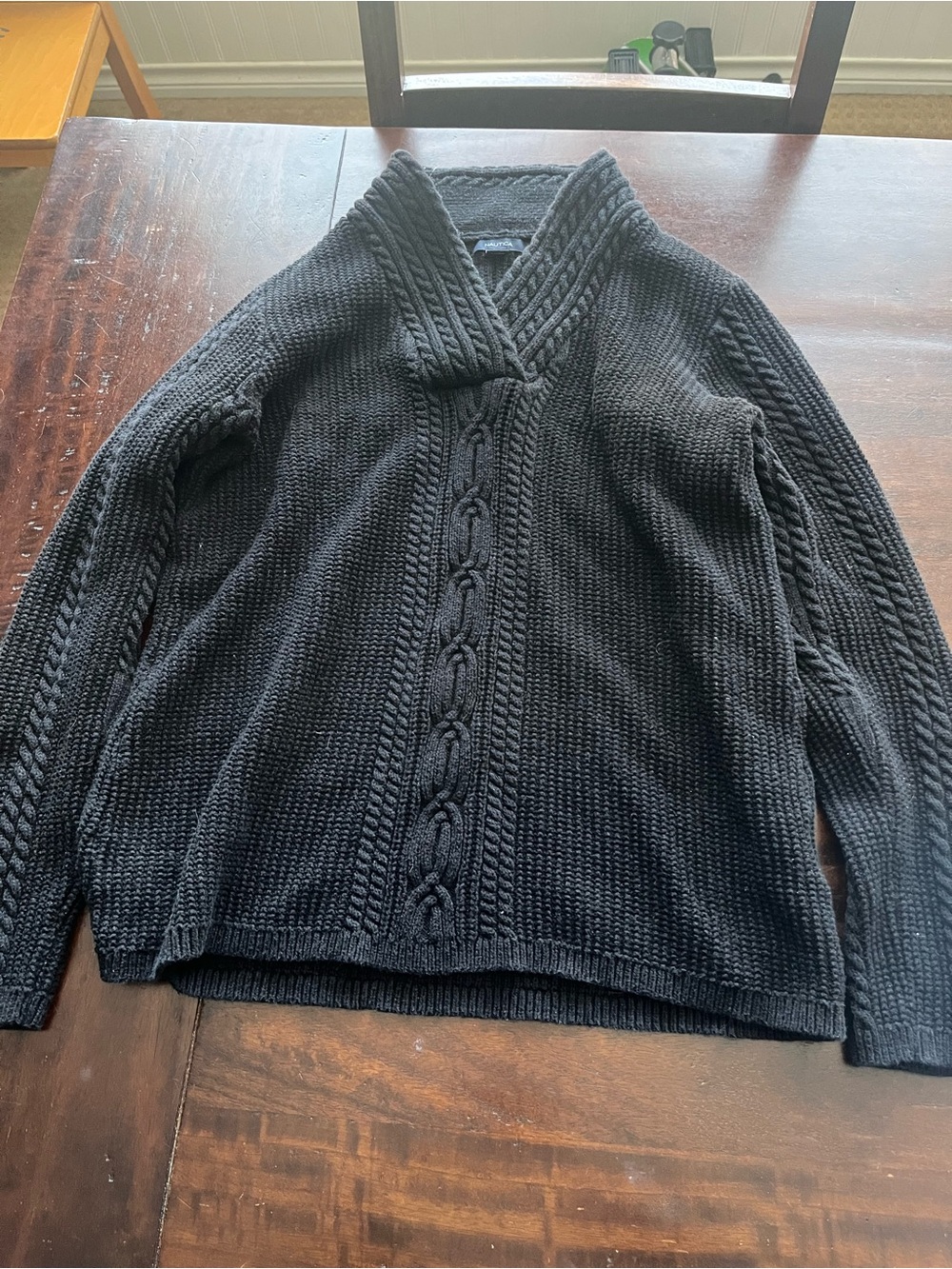 Nautica Black Cable-Knit Shawl-Collar Sweater